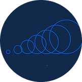 Abstract geometric logo with a sequence of overlapping blue wireframe rings growing in size on a dark blue circular background.